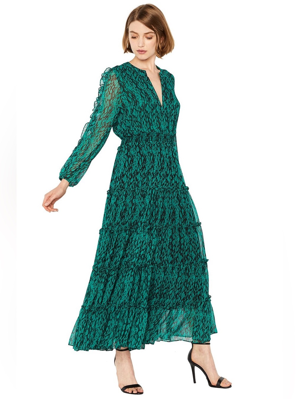Misa Los Angeles Teal Green Tiered V‑Neck Maxi Dress